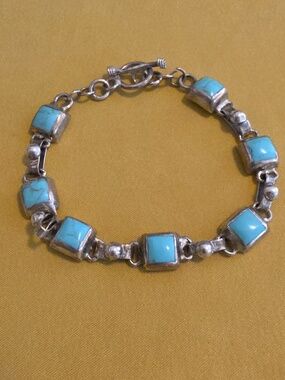 Vintage Turquoise Stone Silver (925 Mexico) Link Bracelet